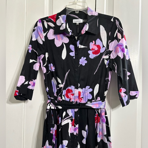 Calvin Klein Women's Floral 3/4 Sleeve Black/Purple Shirt Maxi Dress Size 6 - Picture 2 of 14